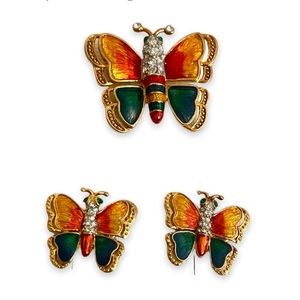 Vintage Author's Brooch & Earrings Set Butterfly Enamel & Diamond 750 Gold